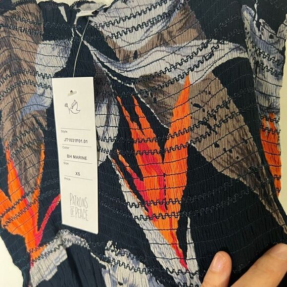 Patrons of Peace Blue Marine Tropical Flocked Tank Top Elastic Shirring NWT! - Picture 6 of 8